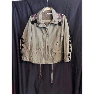 Ark n Co Army green Jacket Womens Size Small‎ geometric Tapestry & Black Tassels